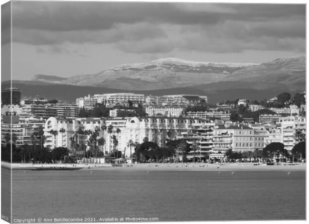 Monochrome A view of the Carlton hotel in Cannes Canvas Print by Ann Biddlecombe