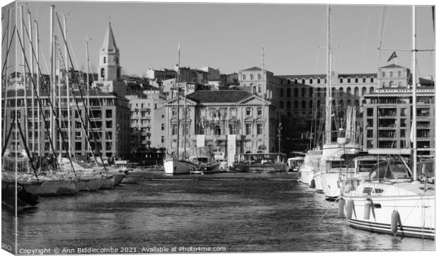 Monochrome of the Old Port of Marseille  Canvas Print by Ann Biddlecombe