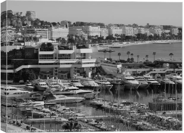 Monochrome Cannes Millionaires row Canvas Print by Ann Biddlecombe