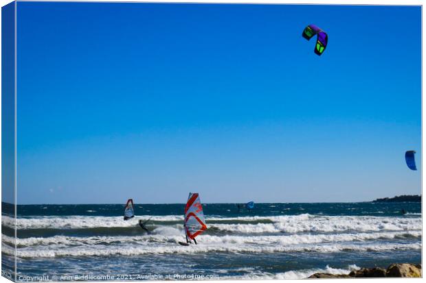  Windsurfers and Kite surfers  at Palm Beach Canvas Print by Ann Biddlecombe