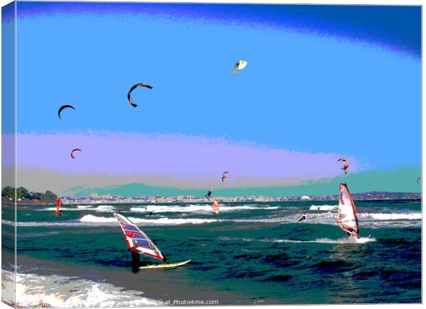 Posterized windsurfers and kite surfers on Palm be Canvas Print by Ann Biddlecombe