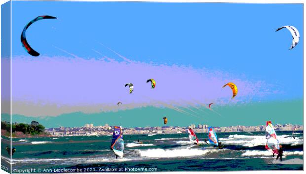 Posterized windsurfers and kite surfers  Canvas Print by Ann Biddlecombe