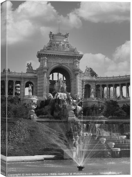 Waterfall at Palais Longchamp from the front left  Canvas Print by Ann Biddlecombe