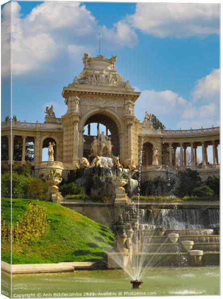 Waterfall at Palais Longchamp from the front left  Canvas Print by Ann Biddlecombe