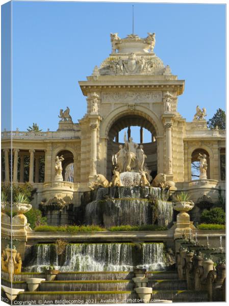 Waterfall at Palais Longchamp from the front Canvas Print by Ann Biddlecombe