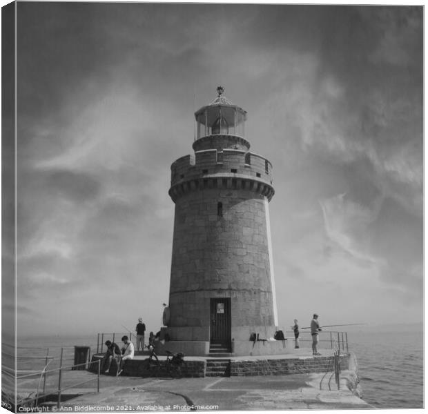 Close up of Guernsey Lighthouse in black and white Canvas Print by Ann Biddlecombe