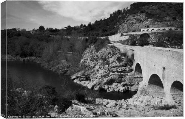 Pont du Diable - Devils Bridge from the top in monochrome Canvas Print by Ann Biddlecombe
