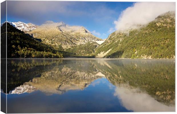 Lac d'Oredon morning mist Canvas Print by Stephen Taylor