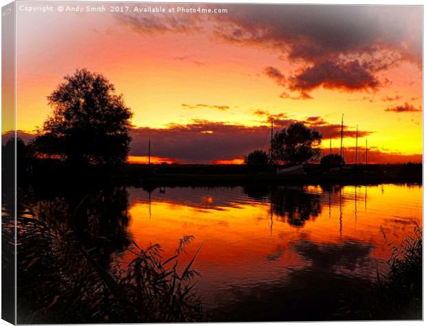 Thurne sunset Norfolk Broads           Canvas Print by Andy Smith