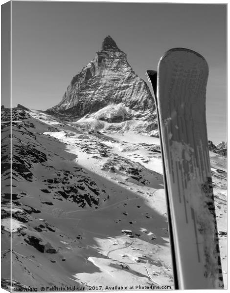 Ski Matterhorn Zermatt mountain peak in black and  Canvas Print by Fabrizio Malisan