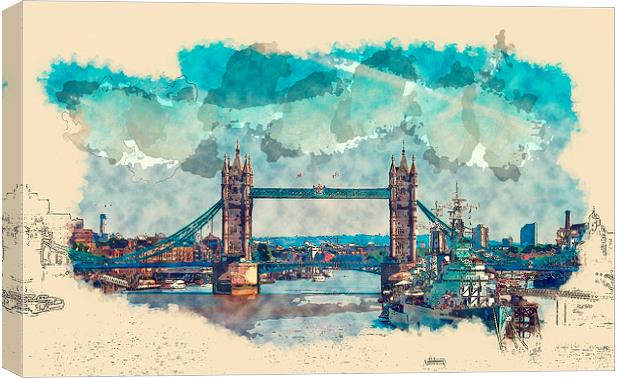 Tower Bridge London Watercolor And Sketch (Digital Canvas Print by Tanya Hall