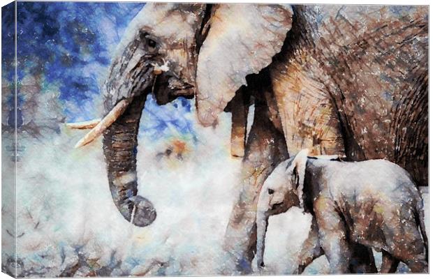 Elephant and Calf, Print Canvas Print by Tanya Hall