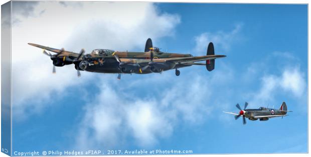 Lancaster With Spitfire PR MK XIX Number PS915  Canvas Print by Philip Hodges aFIAP ,