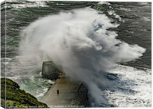 Mullion Harbour Wall in the Gale Canvas Print by Philip Hodges aFIAP ,