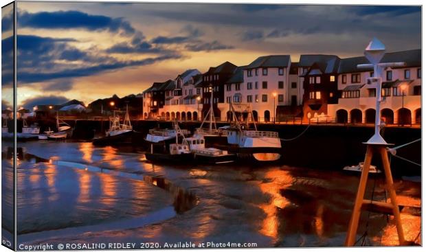 "Night time reflections at Maryport harbour" Canvas Print by ROS RIDLEY