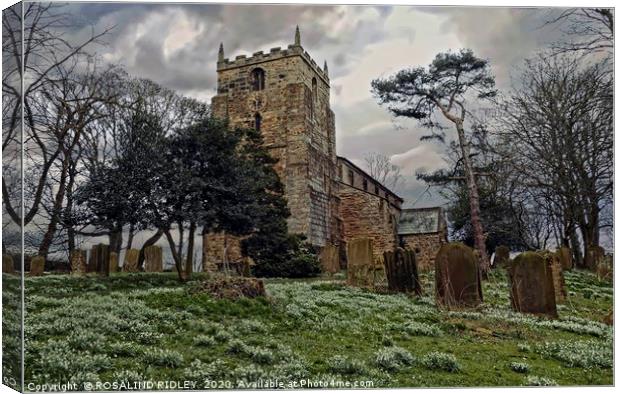 "Snow drops and storm clouds at St.Laurences Churc Canvas Print by ROS RIDLEY
