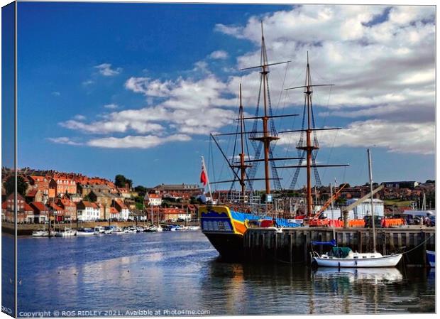 Blue skies over Whitby Harbour Canvas Print by ROS RIDLEY