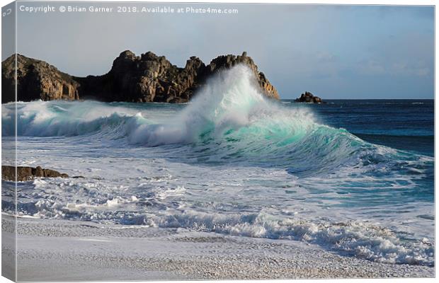 Waves on Porthcurno Beach Canvas Print by Brian Garner