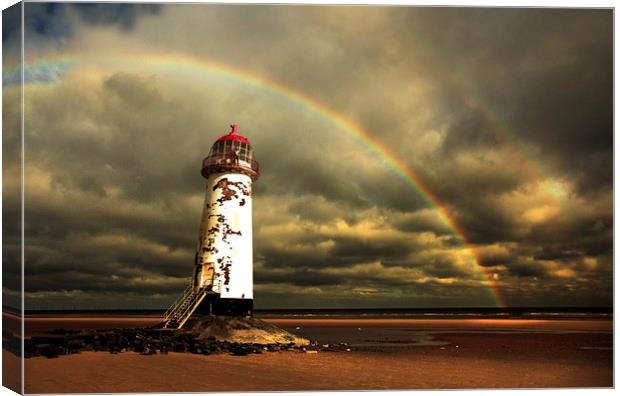  Rainbow over Talacre Lighthouse Point of Ayr Wale Canvas Print by Mal Bray