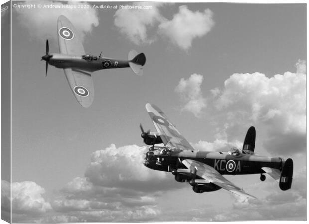 Lancaster bomber and blue spitfire in black & whit Canvas Print by Andrew Heaps
