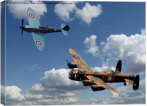 Blue spitfire and a Avro Lancaster Bomber Canvas Print by Andrew Heaps
