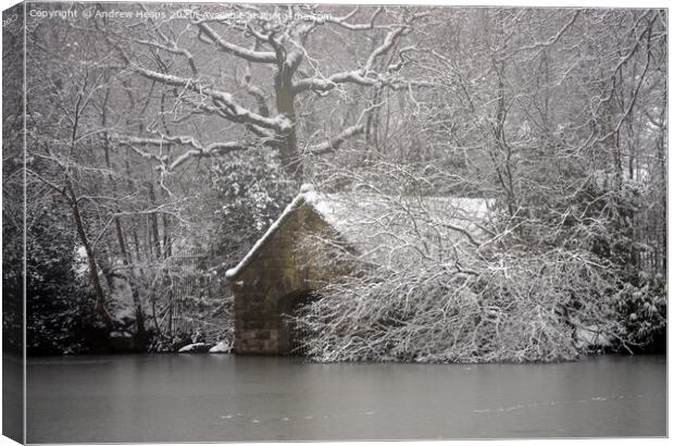 Winter scene boat house at Biddulph Grange Country Canvas Print by Andrew Heaps