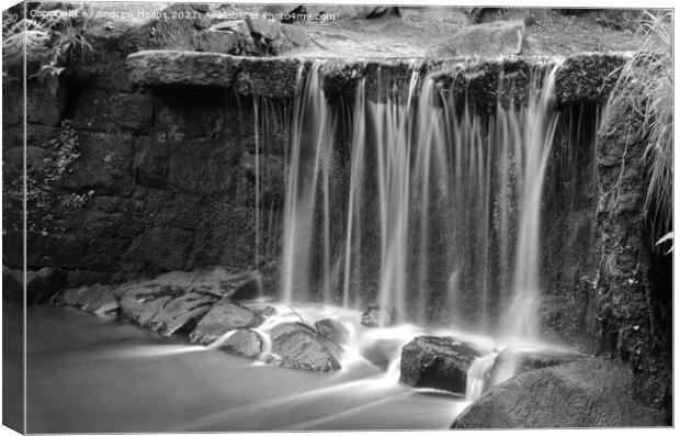 Knypersley pool waterfall frosty water Canvas Print by Andrew Heaps