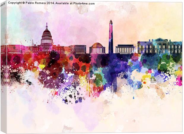 Washington DC skyline in watercolor background  Canvas Print by Pablo Romero