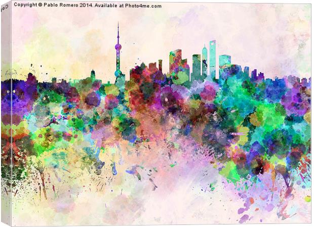 Shanghai skyline in watercolor background Canvas Print by Pablo Romero