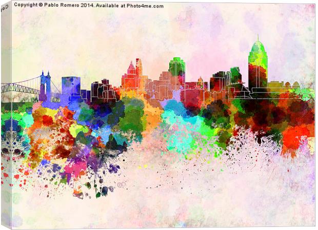 Cincinnati skyline in watercolor background Canvas Print by Pablo Romero