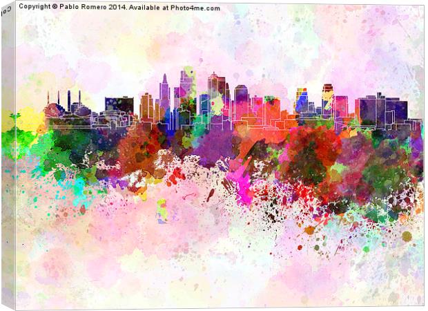 Kansas City skyline in watercolor background Canvas Print by Pablo Romero