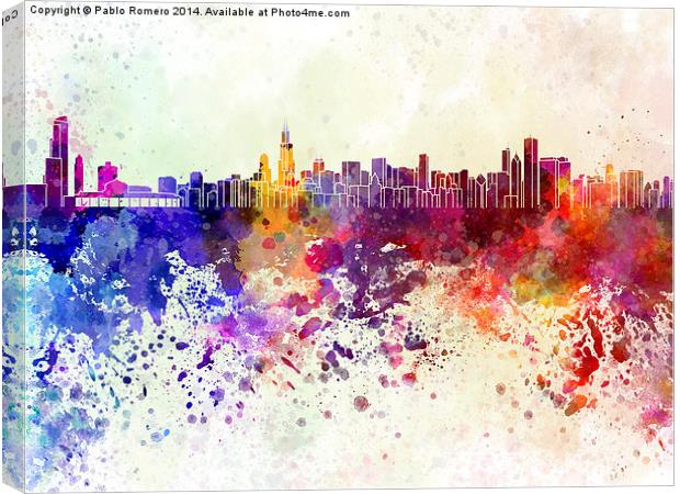 Chicago skyline in watercolor background Canvas Print by Pablo Romero