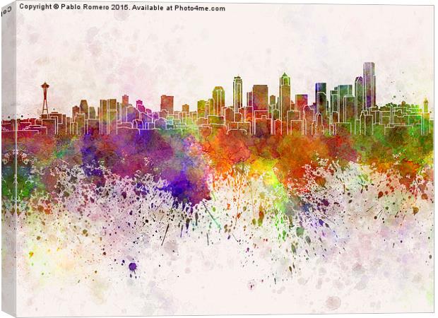 Seattle skyline in watercolor background Canvas Print by Pablo Romero