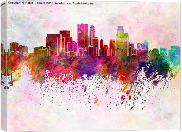 Minneapolis skyline in watercolor background Canvas Print by Pablo Romero