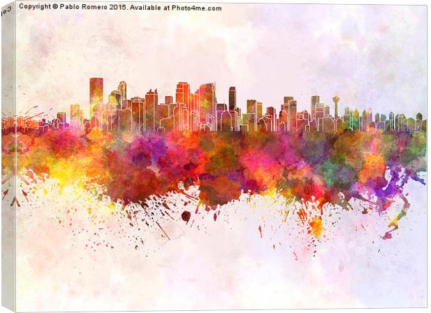 Calgary skyline in watercolor background Canvas Print by Pablo Romero
