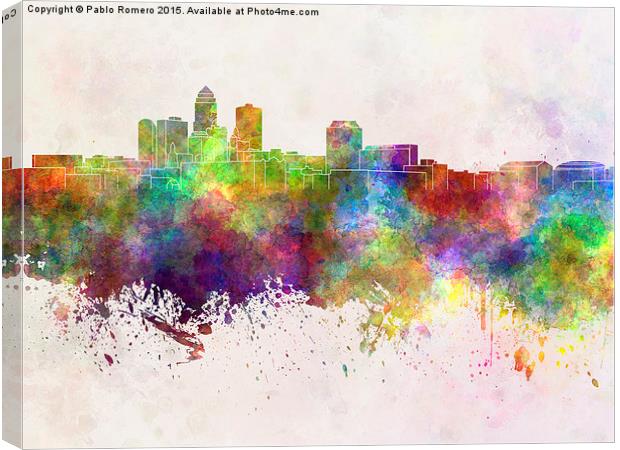 Des Moines skyline in watercolor background Canvas Print by Pablo Romero