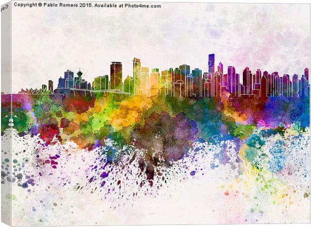Vancouver skyline in watercolor background Canvas Print by Pablo Romero