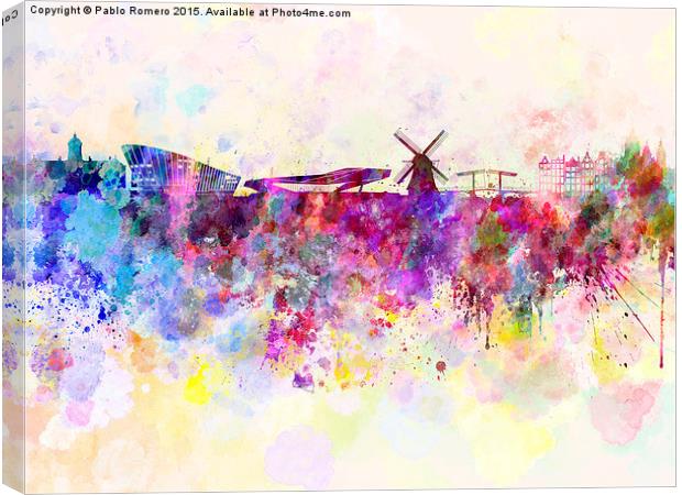Amsterdam skyline in watercolor background Canvas Print by Pablo Romero