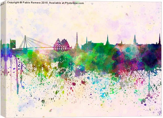 Riga skyline in watercolor background Canvas Print by Pablo Romero