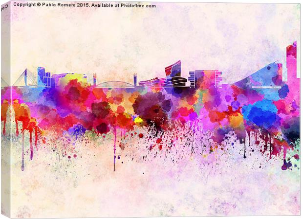 Manchester skyline in watercolor background Canvas Print by Pablo Romero