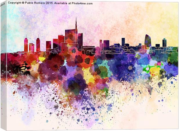 Milan skyline in watercolor background Canvas Print by Pablo Romero