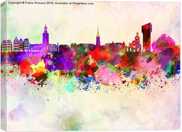 Stockholm skyline in watercolor background Canvas Print by Pablo Romero