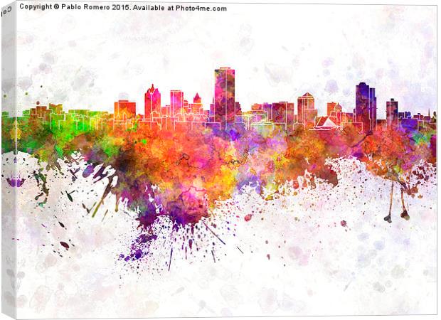 Milwaukee skyline in watercolor background Canvas Print by Pablo Romero