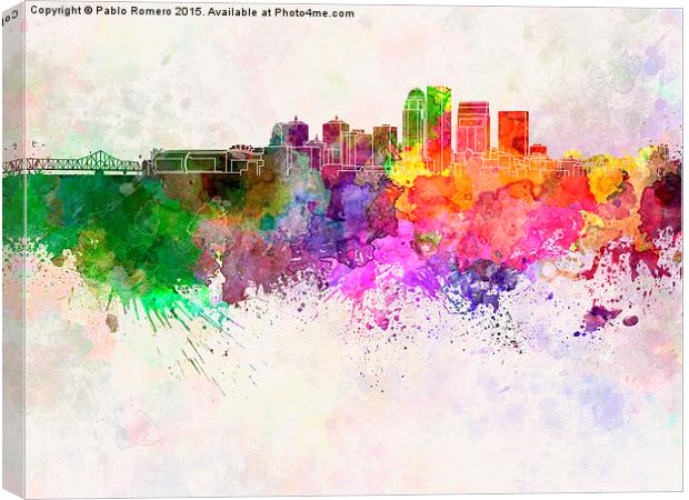 Louisville skyline in watercolor background Canvas Print by Pablo Romero