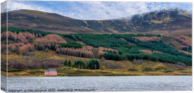 The Pink House on Loch Glass Panorama Canvas Print by Alan Simpson