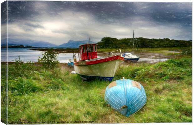 Skye Fishing Boats (Painted) Canvas Print by Alan Simpson