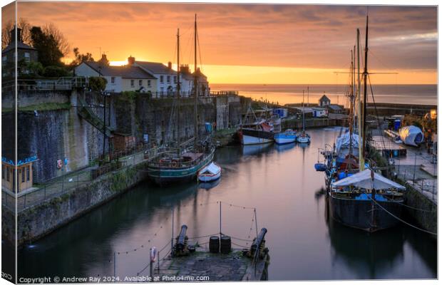 Tall Ships moored in Charlestown Dock at sunrise  Canvas Print by Andrew Ray