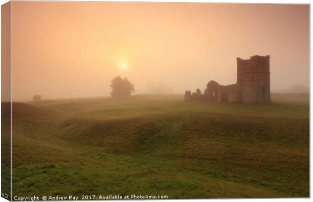 Misty Sunrise (Knowlton Church)  Canvas Print by Andrew Ray