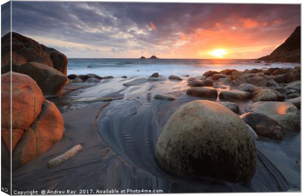 Rocks on Porth Nanven Beach Canvas Print by Andrew Ray
