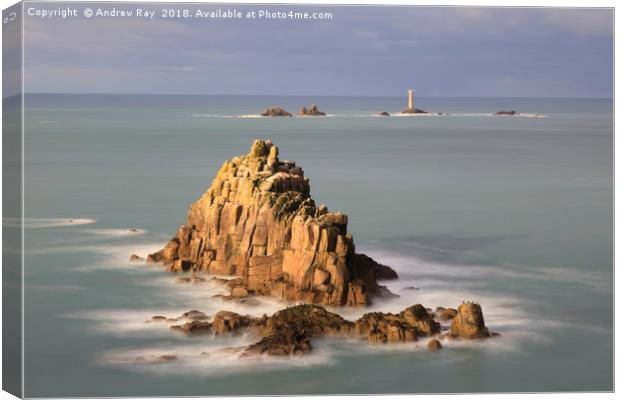 The Armed Knight and Longships Lighthouse (Land's  Canvas Print by Andrew Ray